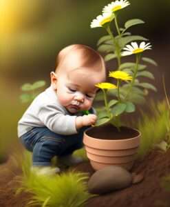 A cute baby planting chamomile